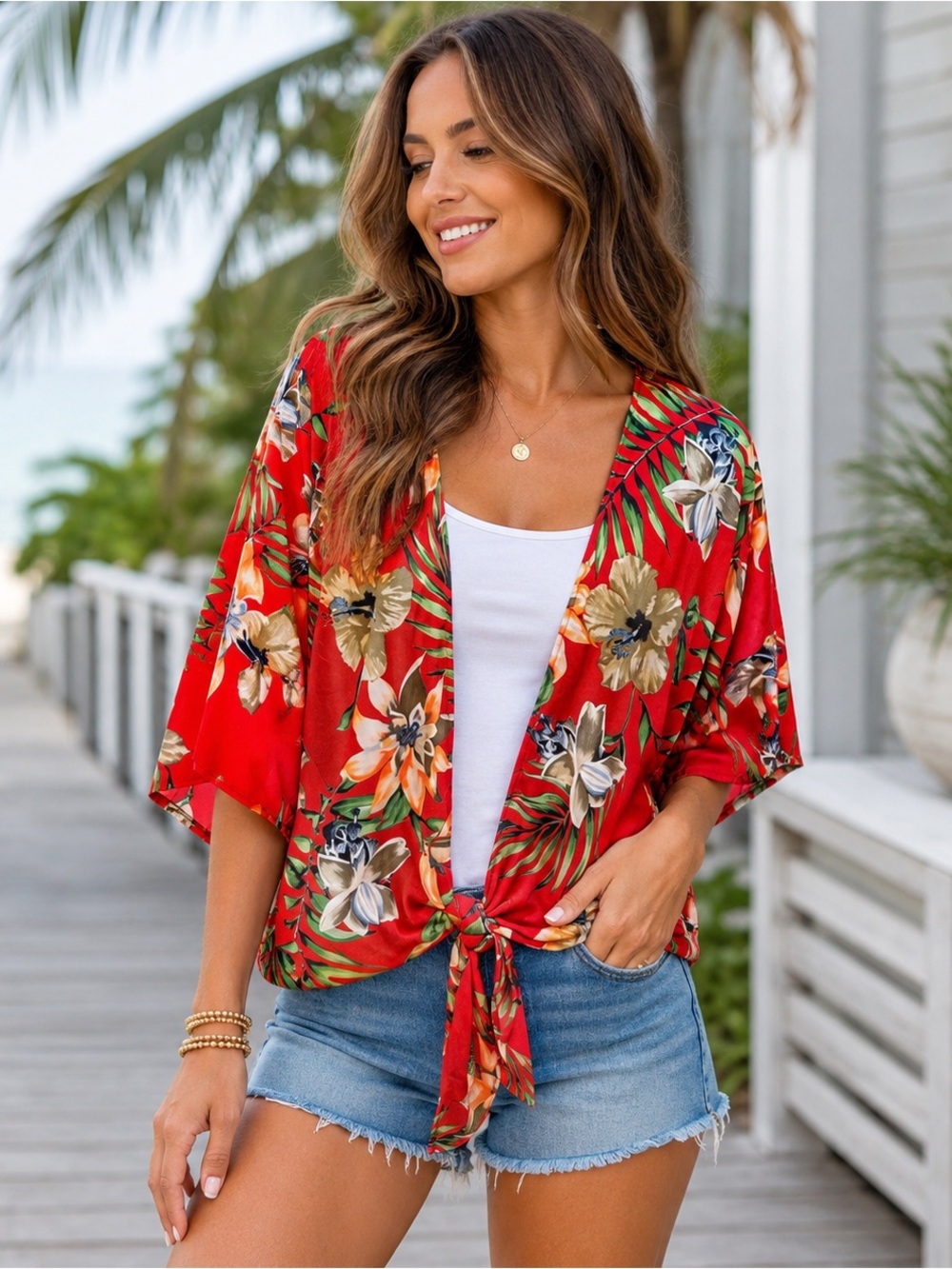 Hyped Unicorn Tropical Floral Kimono Tie Front Cover Up Top Women’s Large